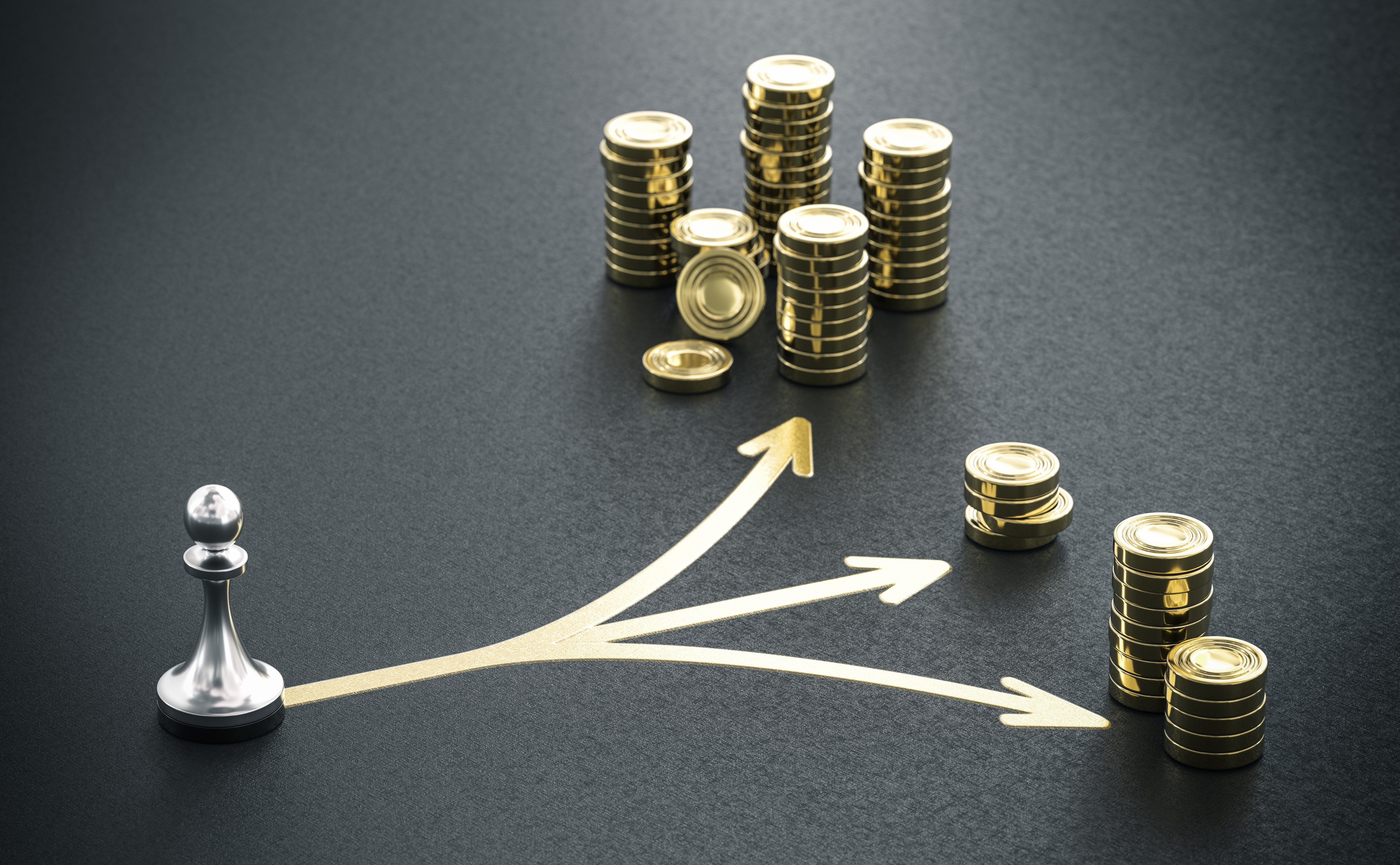 chess pieces with arrows pointing toward three different stacks of gold coins
