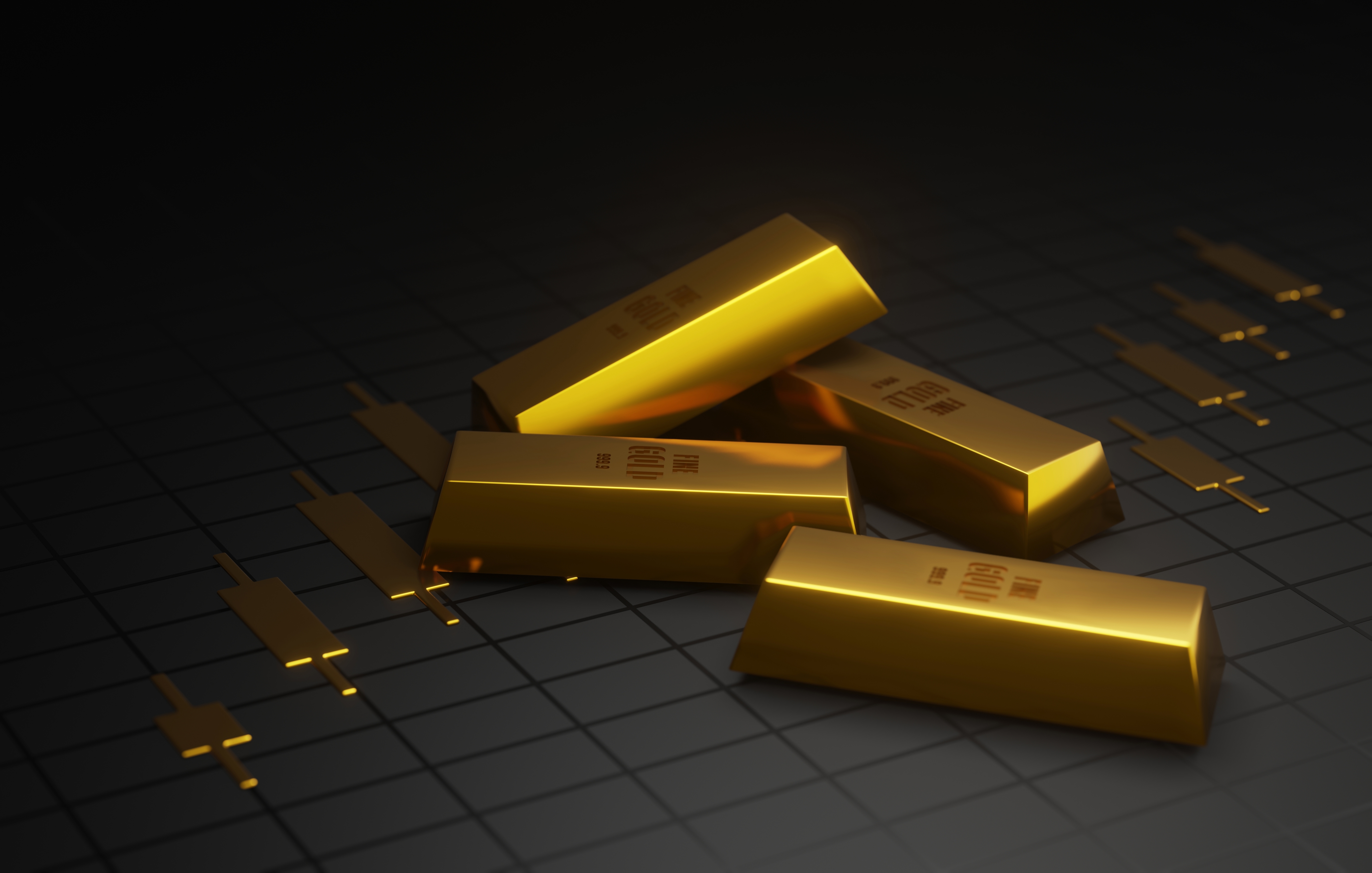 four gold bars in pile with black futuristic background